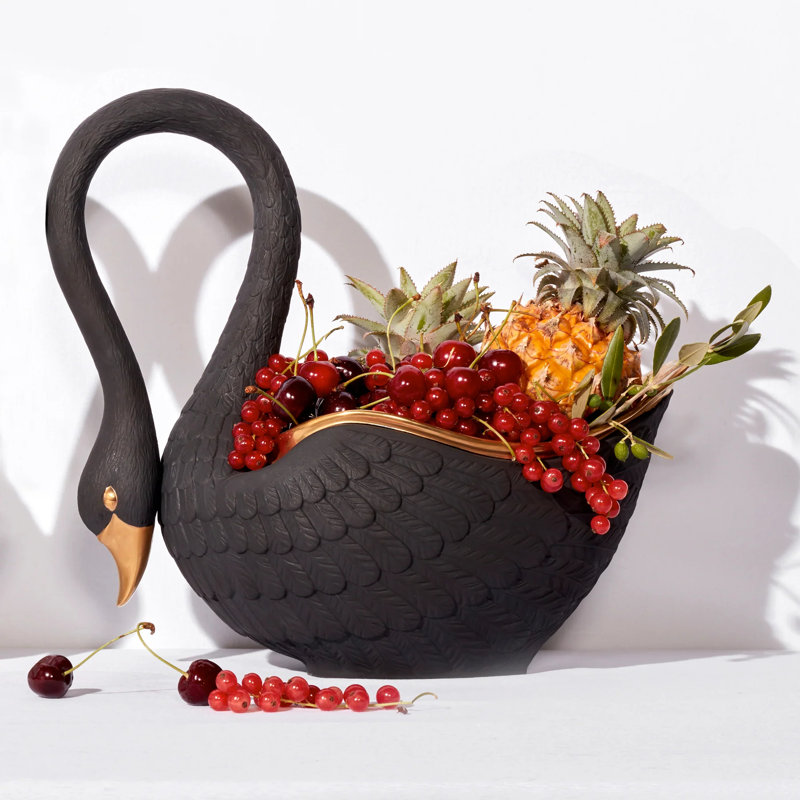 Swan Bowl, Black/Gold, 13" H x 7" W x 14" D