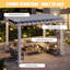 Pergola de terrasse 3,66 m de large x 3,05 m de profondeur avec auvent rétractable, structure en métal blanc thermolaqué, toile d'ombrage grise imperméable UPF50+, treillis de vigne