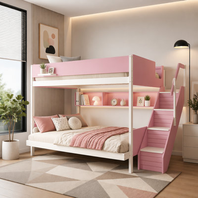 Bunk Bed with Striped-Design Staircase and Side Shelves