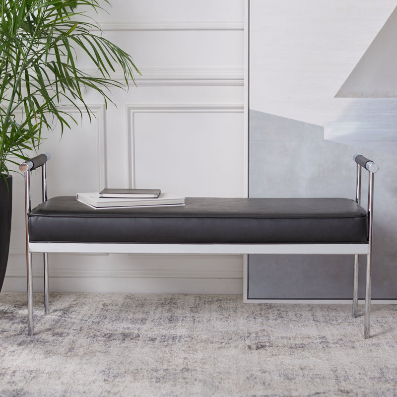 Banc rembourré en similicuir Alishia, Noir, H 24,75 po x l 48 po x P 17,25 po