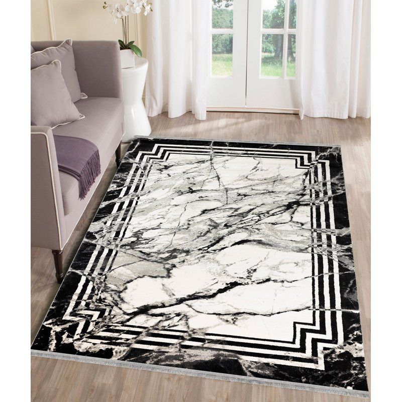 Tapis abstrait en polyester touffeté à la main noir / blanc, Rectangle 5 pi 3 po x 7 pi 7 po