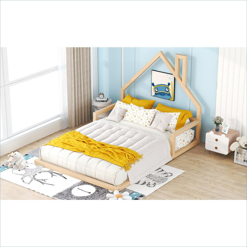 Solid Wood Natural Wood Tone Full Size Platform Bed With House-Shaped Headboard For Bedroom Use