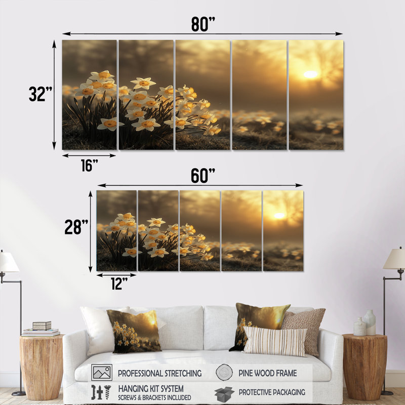 «Beige Yellow Summer Golden Hour Daffodils» - ensemble de reproductions d'art mural jonquilles, H 32 po x l 80 po
