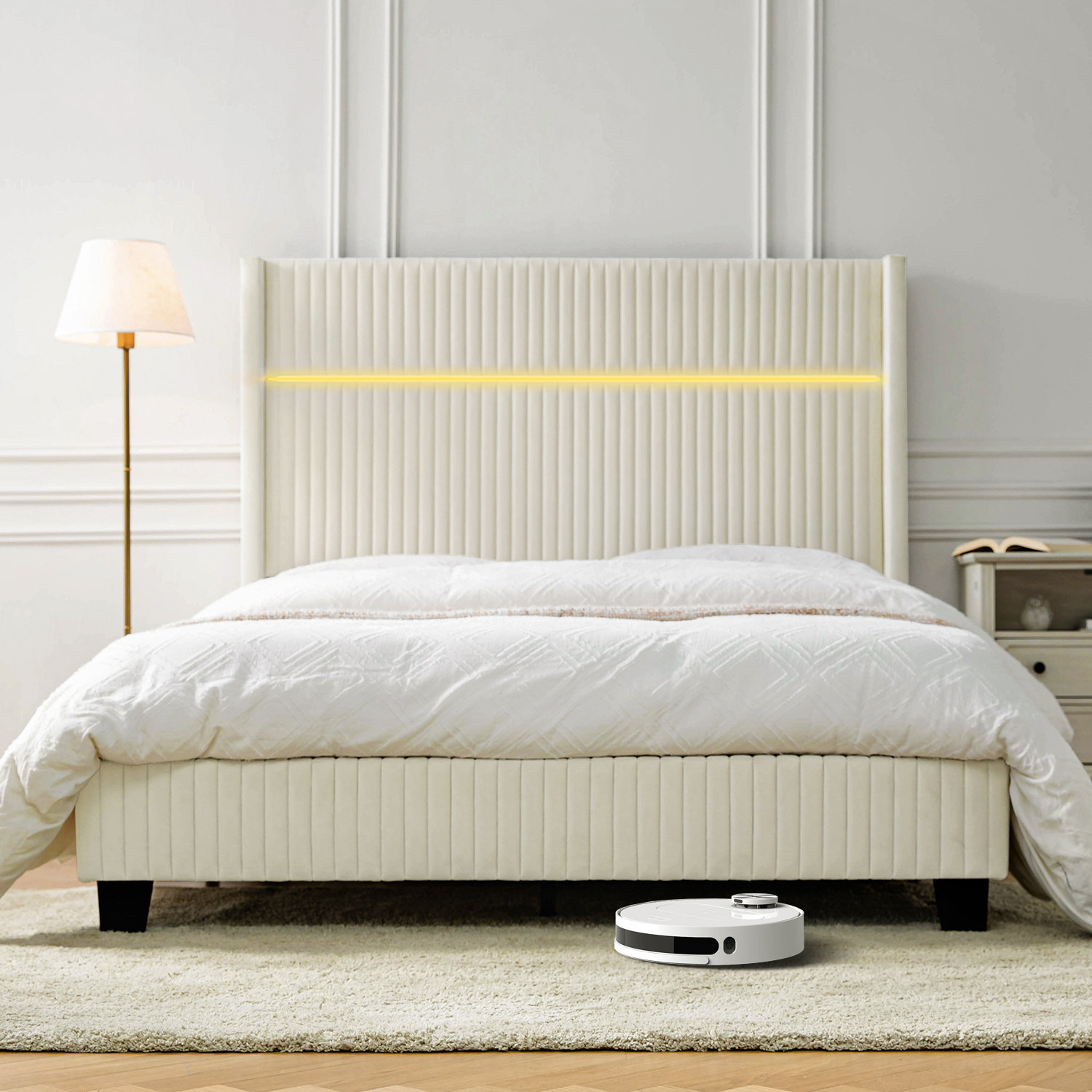 Samien 57'' H  Tall Wingback Velvet Bed with Built-In LED Tube Lighting