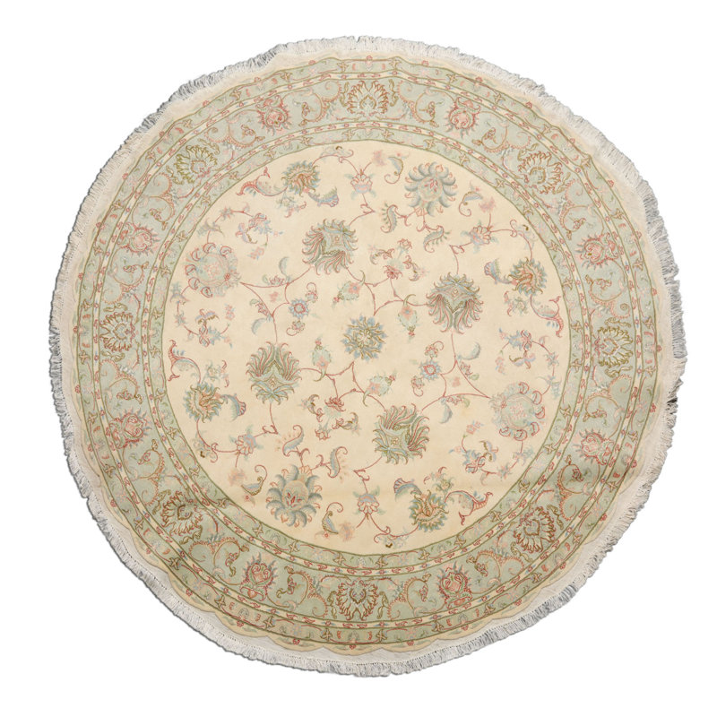 Tapis rond traditionnel en laine et soie ivoire noué à la main 6 K 6 po 6 pi 6 po x 6 pi 6 po Tabriz