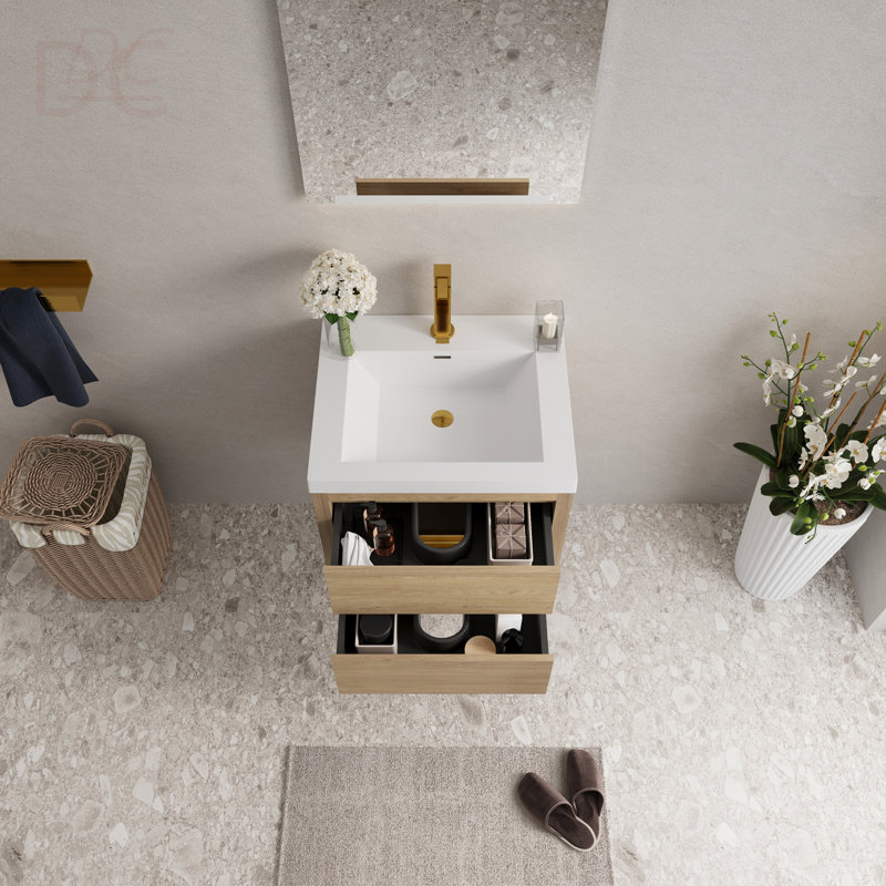 Meuble-lavabo mural 24 po avec lavabo, armoire de rangement flottante avec comptoir en résine de pierre et tiroirs à fermeture en douceur entièrement assemblés