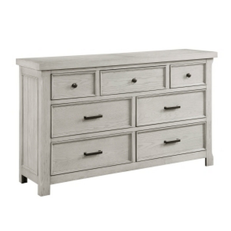 Commode Calae de 67 po de largeur, 7 tiroirs, placage rustique en chêne blanc