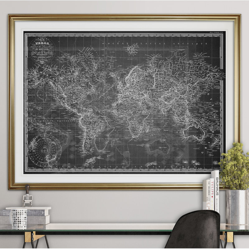"rétro carte du monde" v "impression, H 31 po x l 43 po x P 1,5 po, Cadre doré