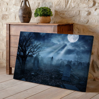 Canvas A Hauntingly Atmospheric Graveyard Scene Under A Full Moon Casting Wall Art An Eerie Glow Across The Landscape The Foreground Canvas Wall Art