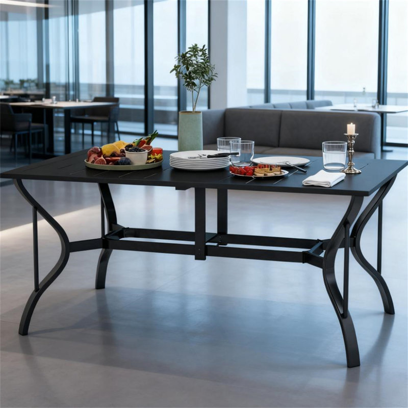 Steel Rectangle Outdoor Dining Table,Rectangular Patio Table With Umbrella Hole