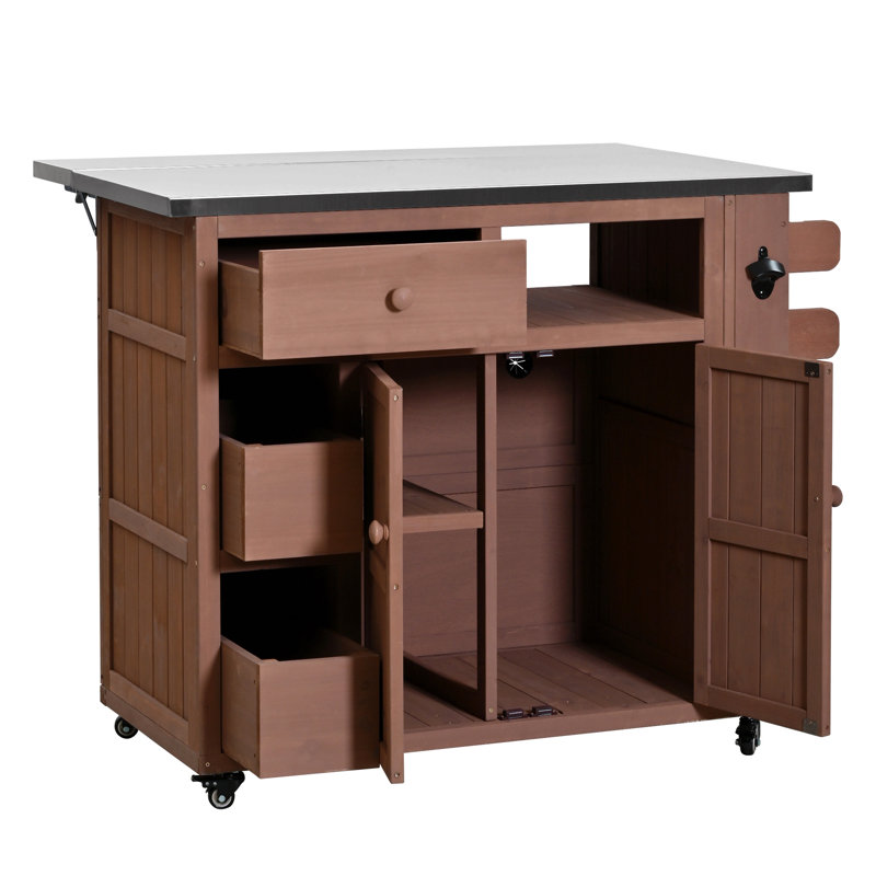 Outdoor Solid Wood Extendable 19.3''/28'' Kitchen Island, Stainless Steel Top Grill Table With Side Spice Rack, Kitchen Cart With Drawers, Storage Cabinet For Backyard, Bbq,Party