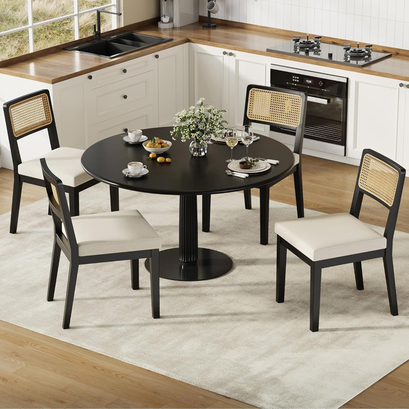 Ensemble de 4 chaises de salle à manger en rotin, revêtement en lin et bois, noir, 4