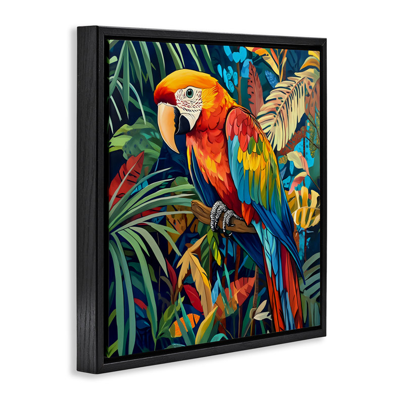 Cadre flottant Jungle Parrot au milieu des feuilles, design par LSR Design Studio, Cadre flottant noir de jais