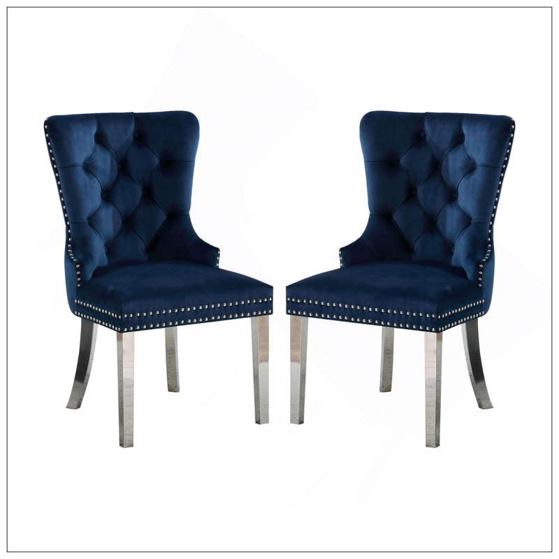 Set Of 2 Wingback Dining Chairs With Button Tufted Back, Chrome Legs, And Flannelette Fabric In Blue