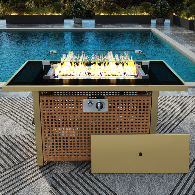 Table de feu de terrasse rectangulaire de 43 po, gaz propane 60000, tissage ouvert, pare-vent en verre pour patio extérieur - table de fosse orange et jaune moutarde avec pierres bleues,