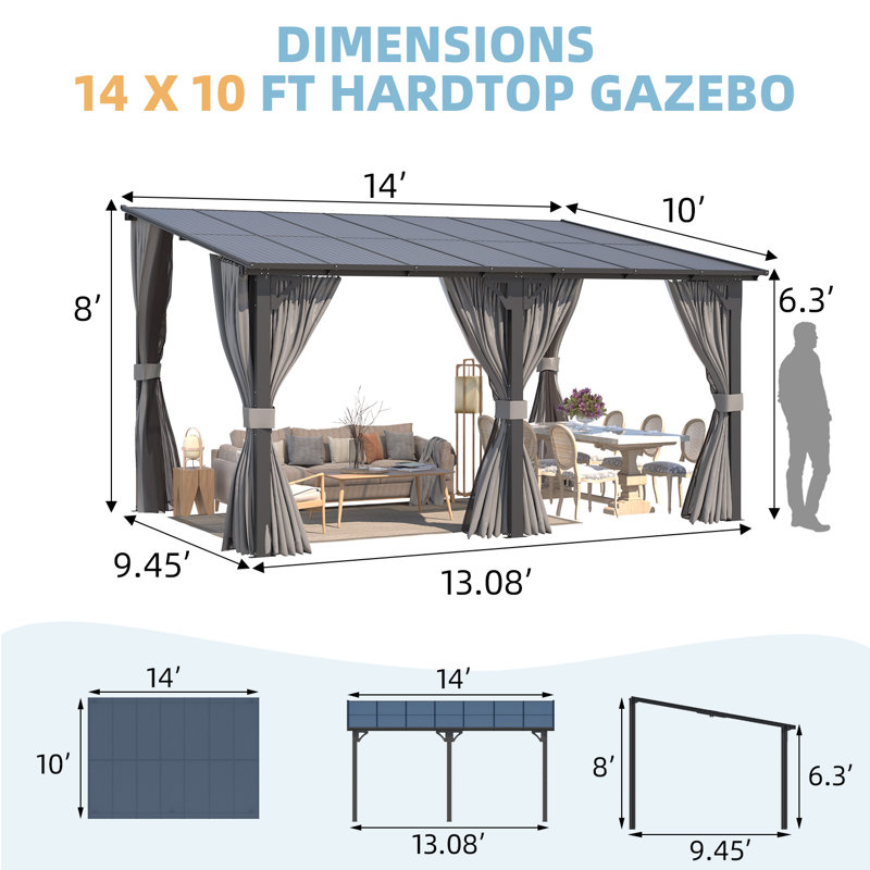Lean-To Wall-Mounted Pergolas With Curtains And Netting, 96" H x 168" W x 120" D
