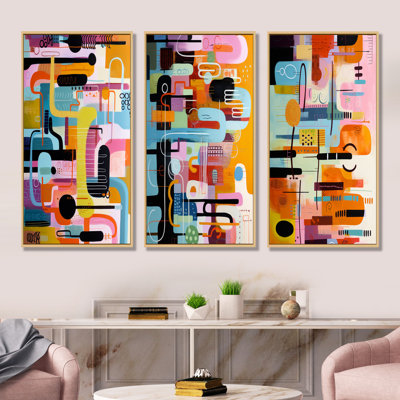 «Midcentury Geometric Funny Collage I», ensemble de 3 reproductions d'art sur toile géométriques abstraites