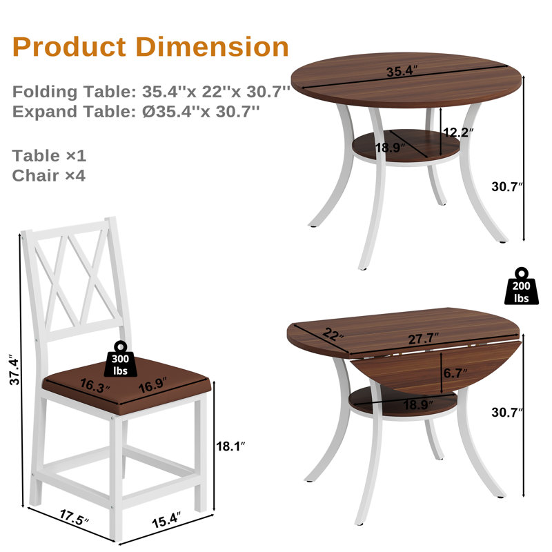 5 Pieces 35.4’’ Transitional Style Round Dining Table Set, Extendable Folding Kitchen Dining Table Set For 4 With 4 PU Upholstered Dining Chairs