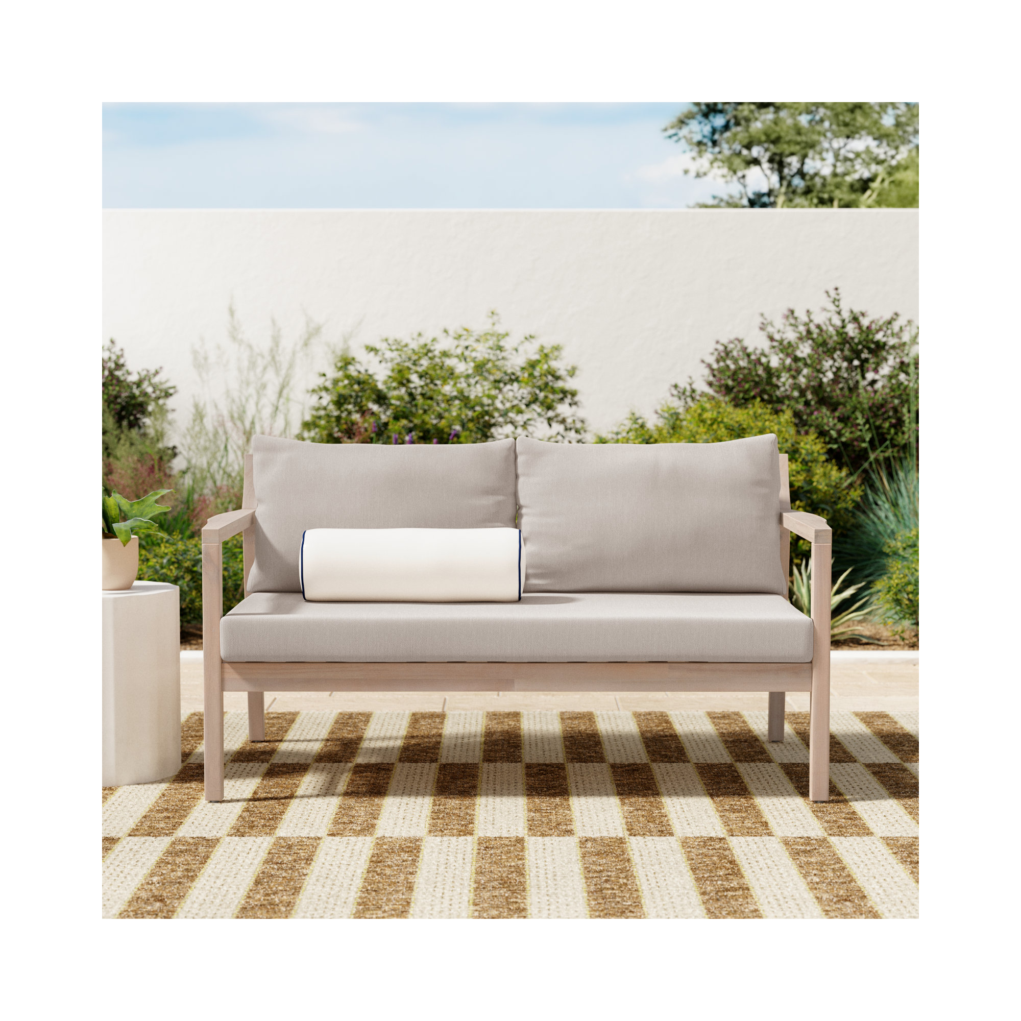 Amina 58" Acacia Outdoor Love Seat with Cushions, Beige Performance Olefin