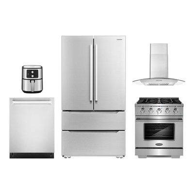 5 Piece Kitchen Package with 30"" Freestanding Gas Range  30"" Wall Mount Range Hood 24"" Built-in Fully Integrated Dishwasher,  French Door Refrigerator -  Cosmo, COS-5PKG-841