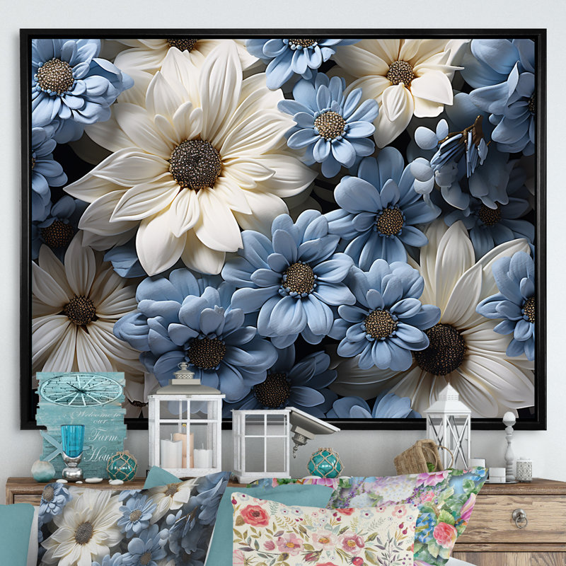 Marguerite blanche et bleue Innocence sur toile, Cadre flottant noir, H 30 po x l 40 po