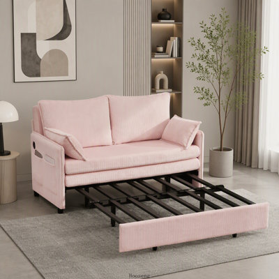 55 Inch 3-in-1 Convertible Sofa Bed with Side Pocket and USB Ports, Corduroy, Pink