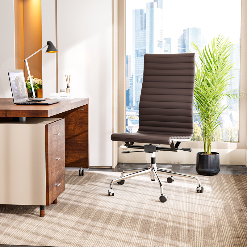 Fauteuil de bureau sans accoudoirs en cuir véritable, dossier mi-haut ou haut, structure en aluminium, High Back, Brown
