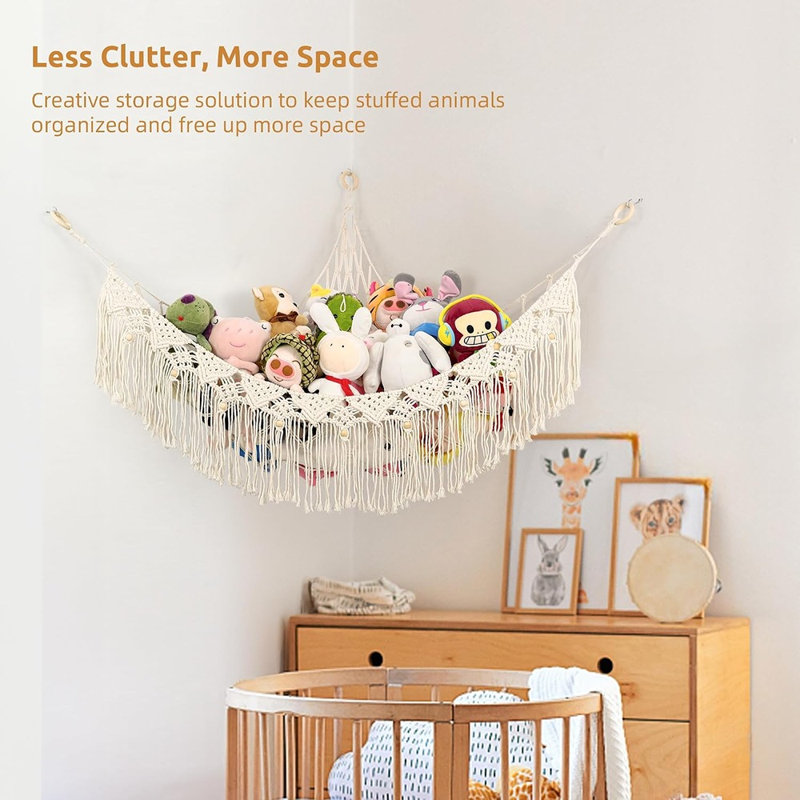 Grand hamac pour peluches, filet de rangement d'angle en macramé de coton, organisateur en peluche tissé à la main avec pompons et perles pour chambre d'enfant, chambre à coucher et salle de jeux de style bohème