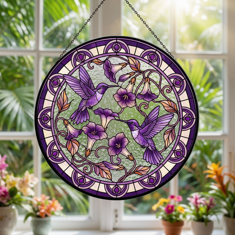 Vitrail de vitrail Hummingbird Floral - 7,8 H, H 7,8 po