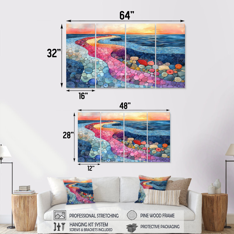 Bord de mer dans des tons roses et bleus - ensemble d'impression d'art mural côtier, H 28 po x l 48 po