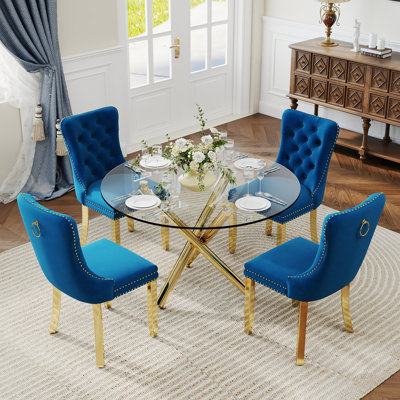 Ensemble de salle à manger à piédestal rond 5 pièces avec chaise capitonnée en velours pour salle à manger et salon