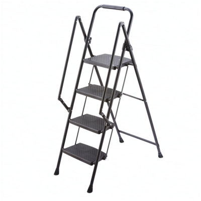 Four step ladder, lightweight folding four step stool, wide anti slip pedal and safety handle, sturdy steel ladder, multi-purpose step ladder, suitable for home, kitchen, and office elevators