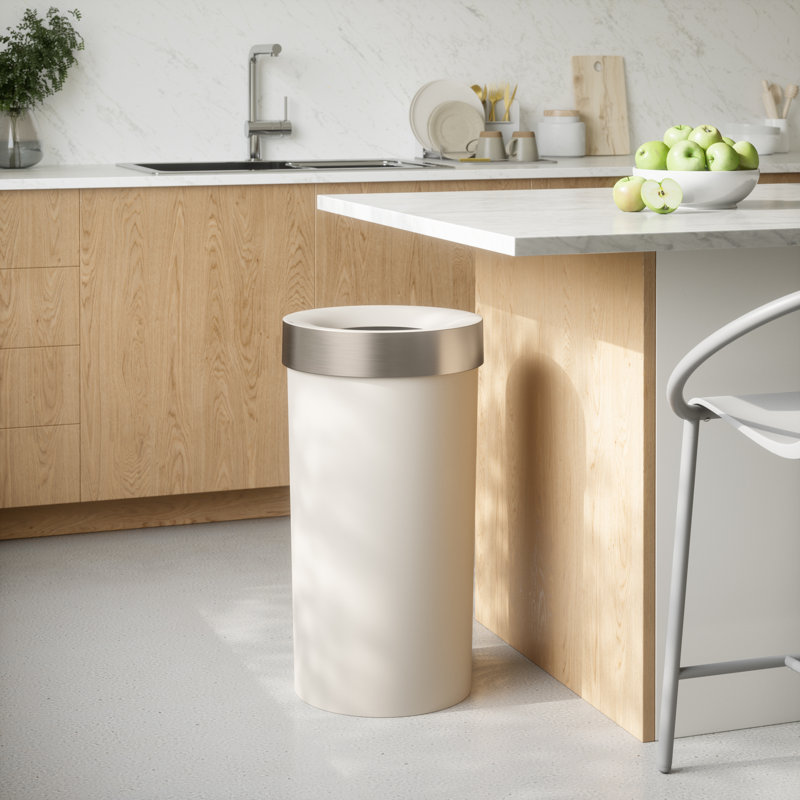 Sand Beige Polypropylene Indoor Trash Can with Brushed Metal Accents