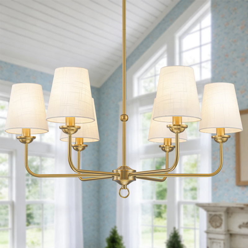 Lustre classique 6 lumières avec abat-jour en tissu blanc, Doré