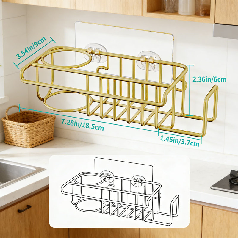 Porte-éponge de cuisine antirouille avec organisateur de brosse et de serviettes, installation sans perceuse, conception en acier inoxydable pour un drainage rapide et un gain de place