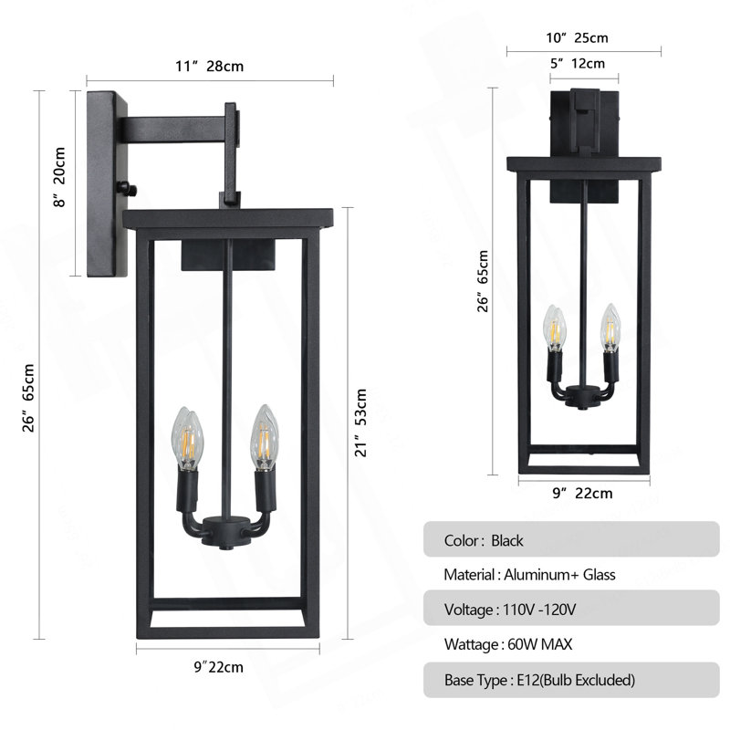 26"(H) 1Ps Modern Outdoor Wall Lanterns With Black Metal Frame And Clear Glass, 4 E12 Bulb Socket, Weatherproof Wall Sconces For Porch, Garden, Patio (No Bulbs)