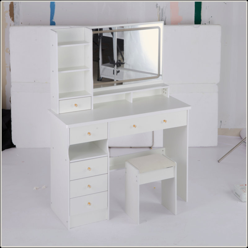 Table de meuble-lavabo de 41 po avec tiroir à gauche 41 po + tabouret rembourré, très grand miroir à DEL à commande tactile, interrupteur 3 couleurs, commode de rangement haute capacité multi-couches, convient aux grands espaces
