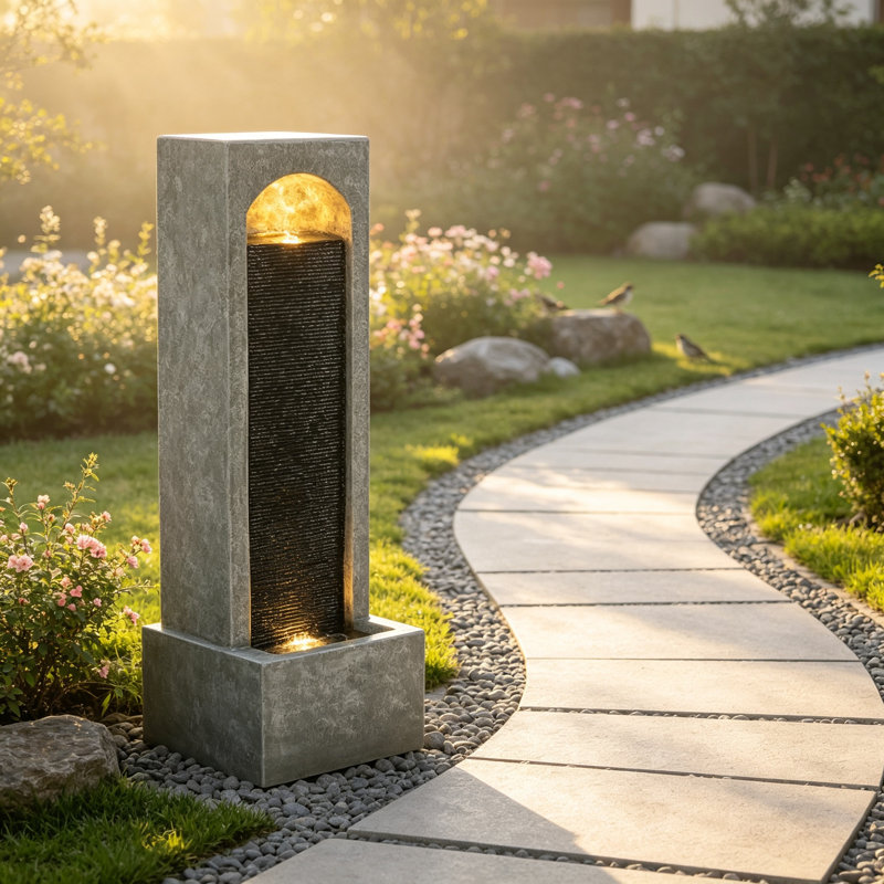 Fontaine d'eau verticale moderne en résine noire et grise avec pompe, résistante aux intempéries, idéale pour décorer jardin, terrasse, porche ou entrée.