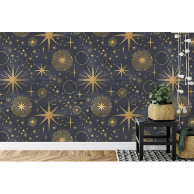 Gold Sparkle Stars Starburst Wallpaper Elegant Navy Celestial Twinkling Wall Art for Home Decor