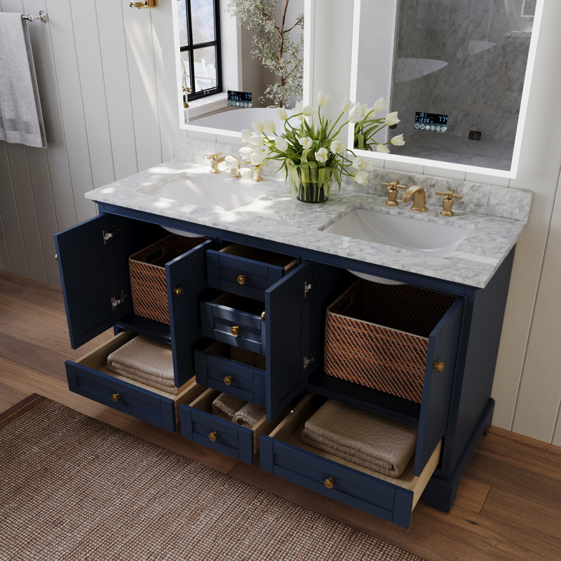 Audrey 66 in. Handmade Double Vanity, Heritage Blue | Brushed Gold, Carrara White