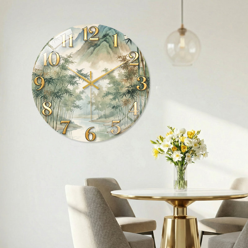 «Bamboo Mountains», horloge murale en verre, 60 x 60 cm (23,6 x 23,6 pouces)