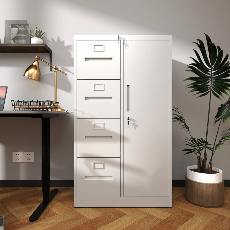 Metal Storage Vertical Filing Cabinet With Lock, Steel File Locker With 4 Drawers And 1 Door For School, Living Room, Bedroom, Office (White)