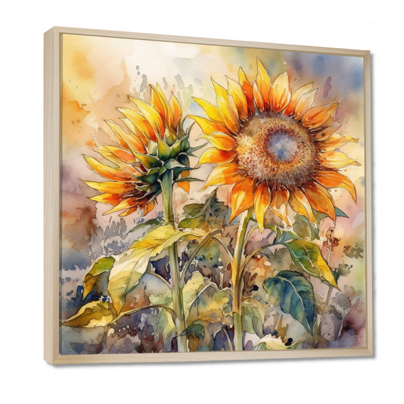 Tournesol jaune, symphonie III sur toile, H 36 po x l 36 po x P 1,5 po, Cadre flottant érable