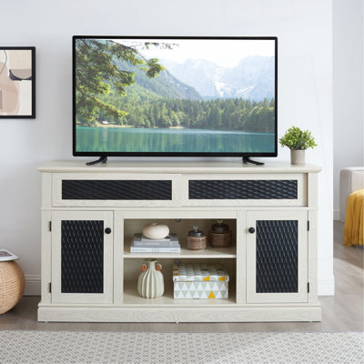 Meuble télé, console télé et média en relief avec espace de rangement ouvert et fermé et porte coulissante pour salon et chambre à coucher l 58,27 po x l 15,35 po x 31,7 H
