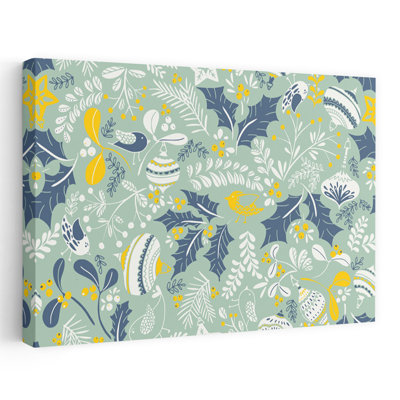 Festive Holly Birds Pattern Modern Whimsical Abstract Bird Nature Winter Wall Art Print 1 Piece Wrapped Canvas Wall Art