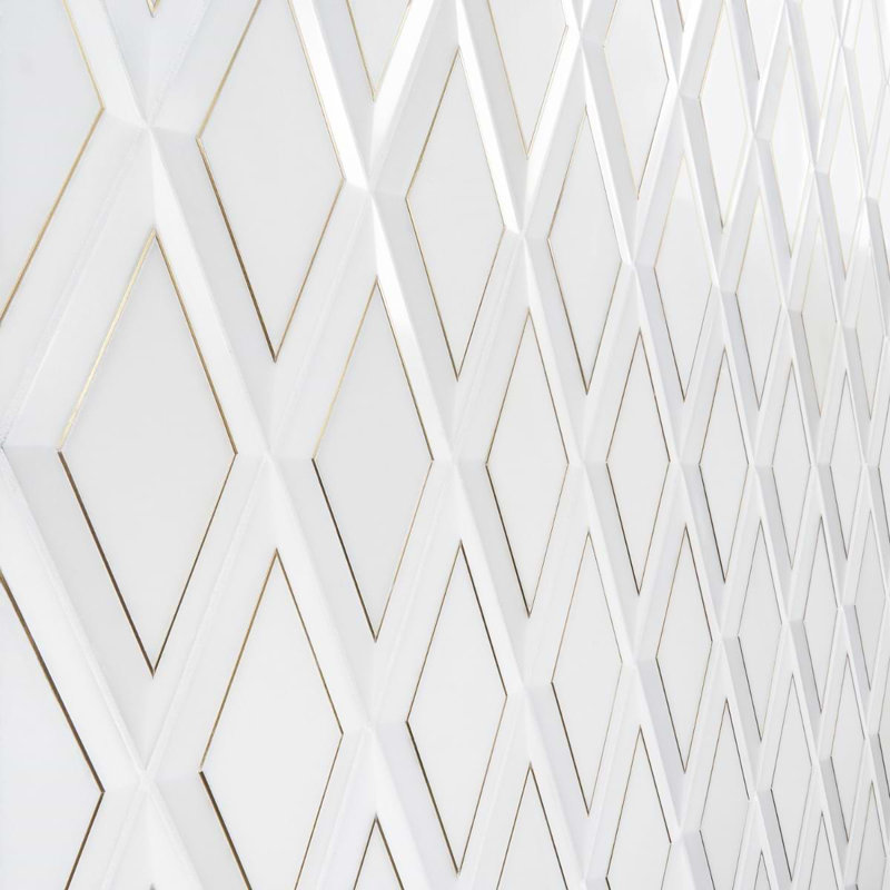 Basque 6x12 Beveled Polished Marble Tile, White/Brass