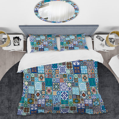 Blue Ceramic Patchwork Polyester Patchwork Duvet Cover