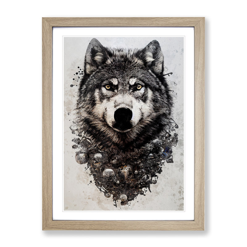 Graffiti Wolf No.1 - Single Picture Frame Print, 34cm H x 25cm W x 2cm D, Oak