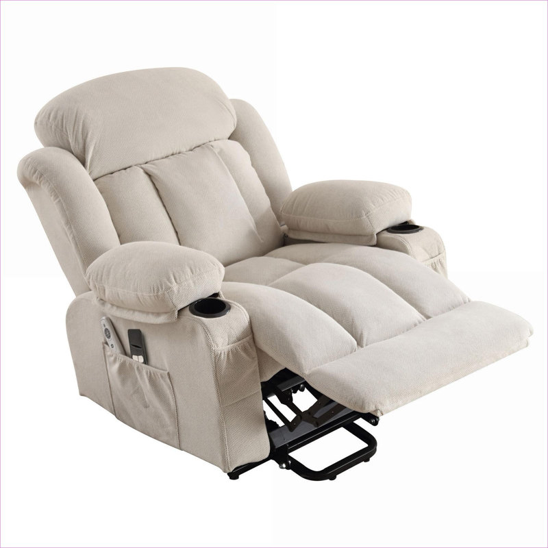 Fauteuil inclinable de massage en lin en velours beige avec siège chauffant et charge USB