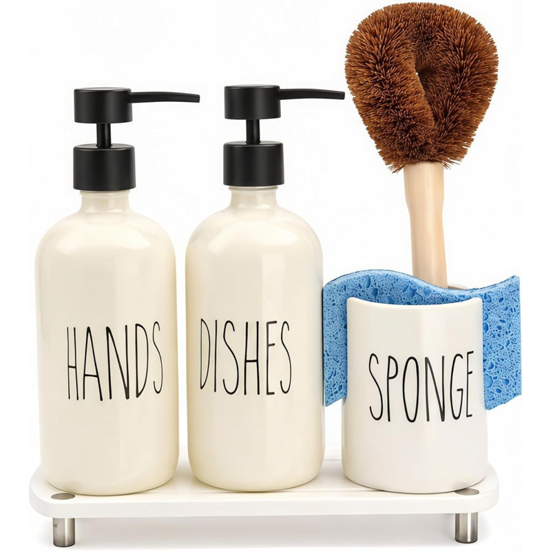 Kitchen Soap Dispenser Set With Ceramic Sponge Holder, Hand And Dish Soap Dispensers With Instant Dry Tray, Soap Dispenser Set For Countertop Sink Organizer Kitchen Decor